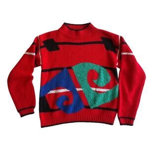 Vintage 80s 16th Street Red Intarsia Graphic Knit Sweater
